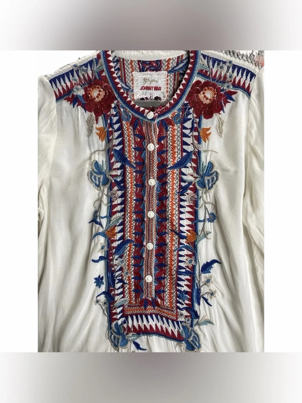 Johnny Was White Tunic with Blue & Burgundy Embroidery. Size Large. - Picture 5 of 8